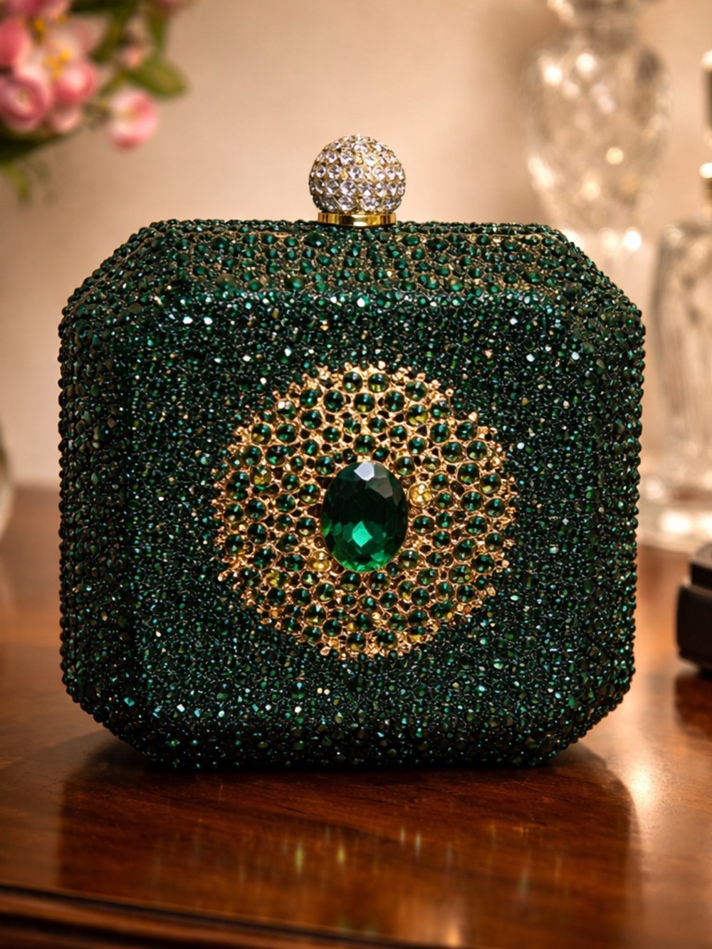Emerald Crystal Jeweled Minaudiere Clutch